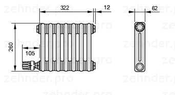 Схема (чертеж) Радиатор Zehnder Charleston 2026/7 №V004 Белый глянцевый RAL 9016